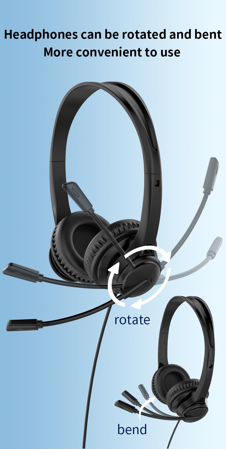 JTY-1225 Head mounted wired headphones with microphone, desktop laptop, online learning, office, customer service, call headset 3.5mm/Type-C/USB plug, supporting OEM/ODM customization service
