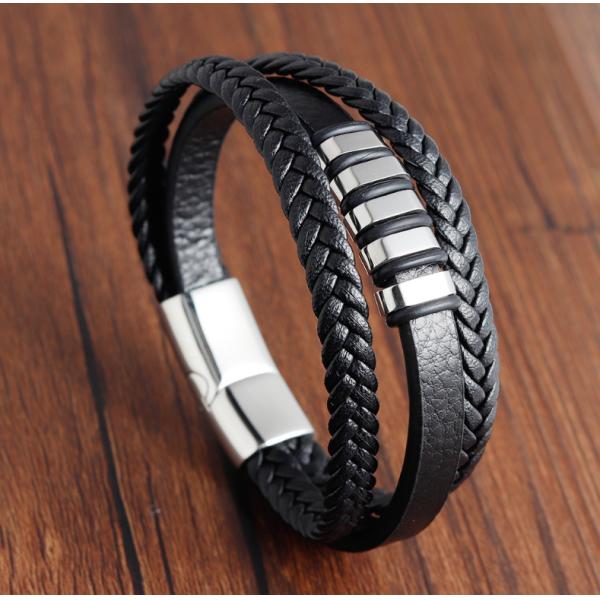 European Market Bestseller Weave Leather Bracelet with Silver Plated Stainless Steel