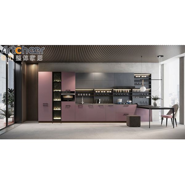 Modern L Shape Peninsula Kitchen Cabinet with Lacquer Finish Handless Door and Soft Close