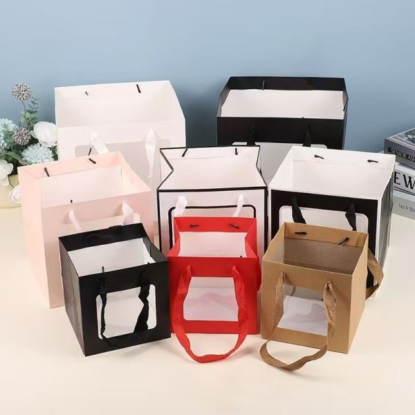 Square Windowed Tote Bag Multi Industry Kraft Paper Carrier Bakery Bubble Tea Boutique Packaging Transparent Viewing Panel
