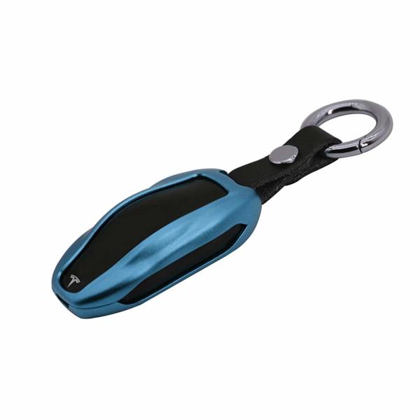 topfit Premium Aluminum Metal Car Key Case Shell Cover with Key Chain for Tesla (Blue, Model S)