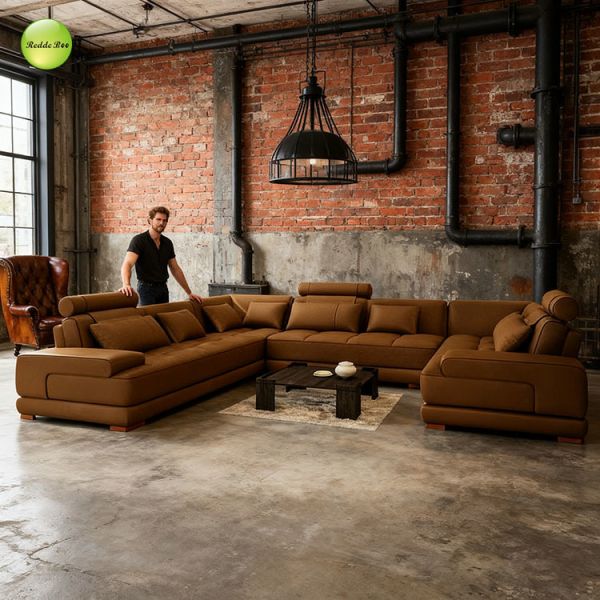 Minimalist Gray Leather Modular Sofa: Geometric Lines, Premium Build – Modern Art Hub Transform