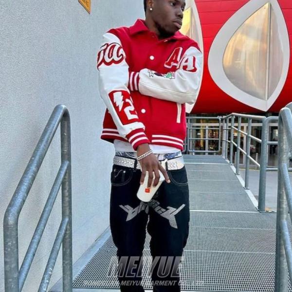 Unisex personalizado manchas de cuero de chenilla bordado de cartas parche de béisbol masculino lana polar chaqueta universitaria con manga de cuero