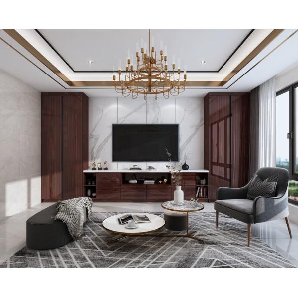 Nuevo diseño de estilo chino de cristal oscuro de madera de grano de acero inoxidable gabinete de televisión