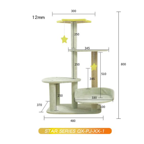 Yellow Stars and Sisal Post Plush Cat Climbing Frame in Light Green for All-Season Tree