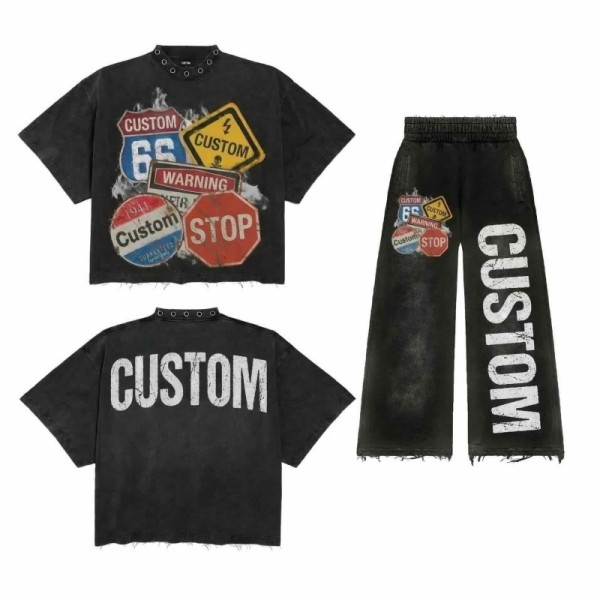 Custom Industrial Studded Cropped Tee and Wide-Leg Cargo Set
