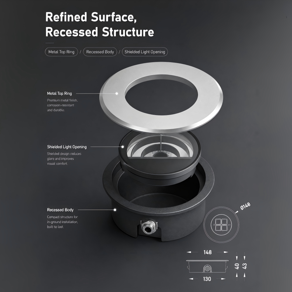 Shallow Depth Ground Luminaire 9W Pre Wired Recessed Outdoor Spot IP68 Waterproof - MB150