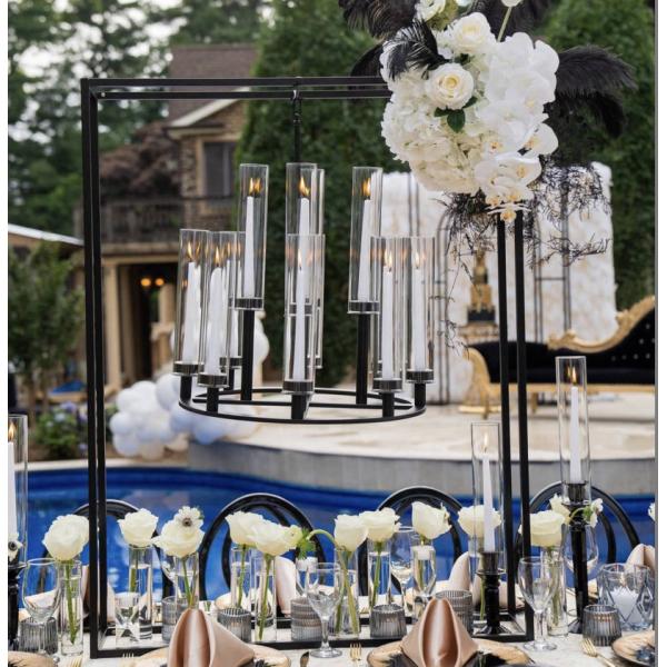 New black rectangle frame with hanging chandelier candle holder