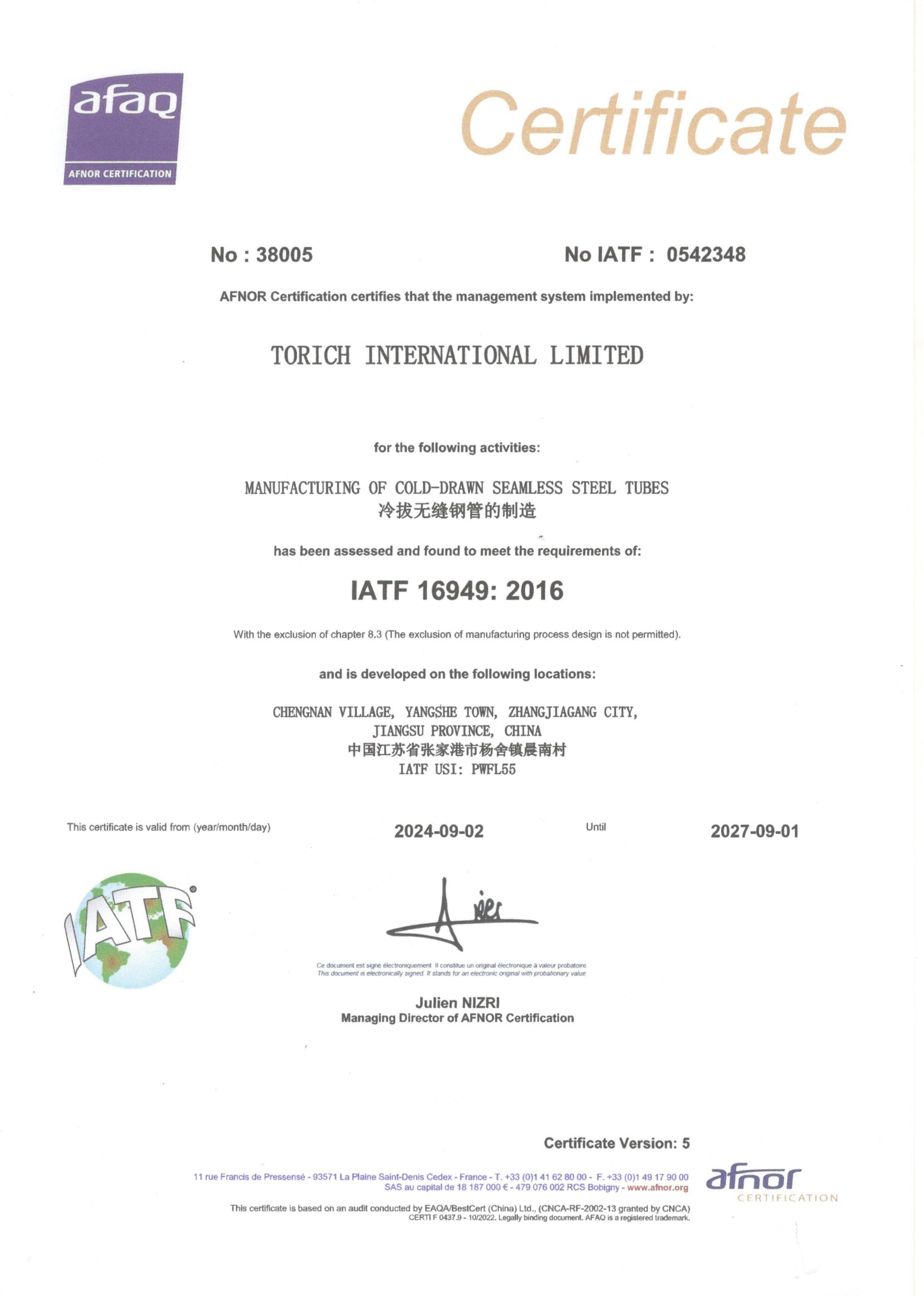 TORICH INTERNATIONAL LIMITED Certifications