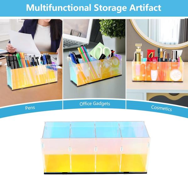 Colorful Transparent Pencil Holders,Acrylic Pen Holder,Makeup Organizer 4 Compartments For Desk,Vanity,Office