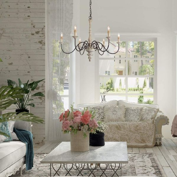 Antique Gold Floral Iron Frame Wooden Crystal Chandelier with Adjustable Height for Living Room Dining Room