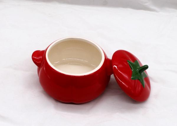 Tomato Shaped Dolomite Ceramic Sugar Container / Ceramic Storage Jars With Two Handle