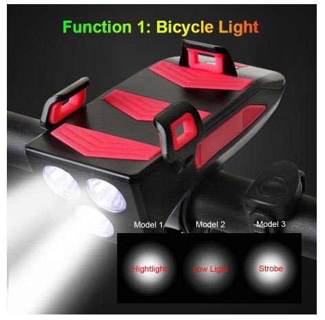 USB Rechargeable LED Bike Headlight Bike Horn Phone Holder Powerbank for Night Riding