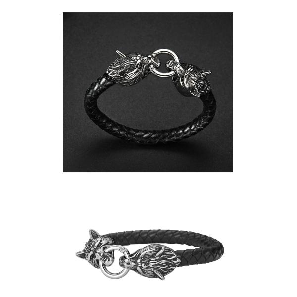 Hot Sales PU Leather Stainless Steel Double Wolf Heads Bracelet
