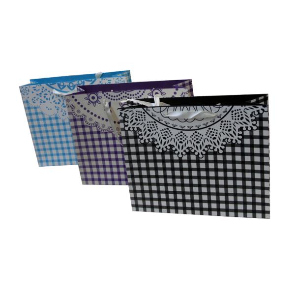 Square Customized Paper Promotional Carrier Bag 230gsm matte coated ribbon Handle