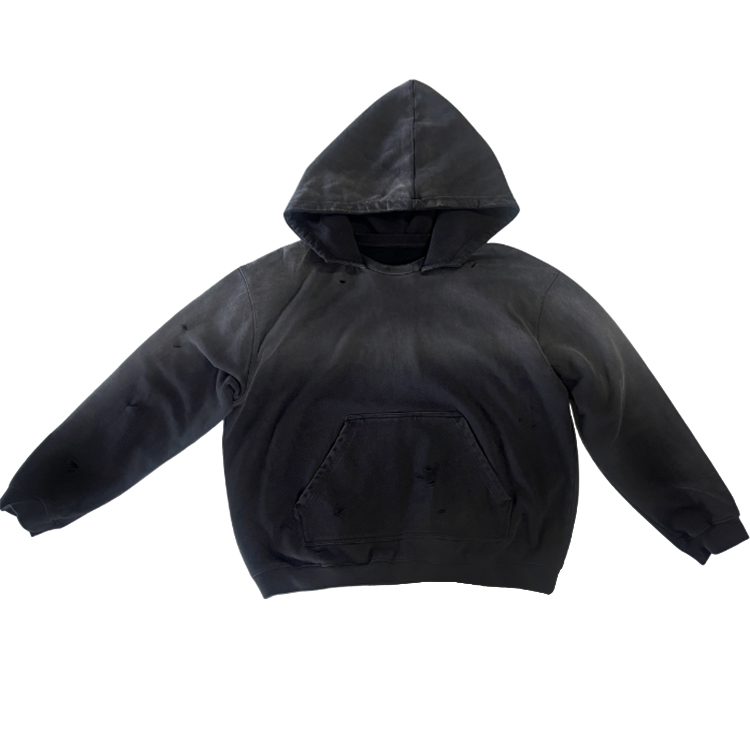 A513 Chiying Vintage Acid Wash Distressed Hole Pullover Hoodie Men Oversized Washed Black Streetwear Hooded Sweatshirt 