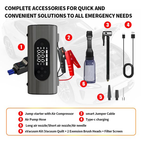 Battery Powered Compact Jump Starter With Tyre Inflator Car Emergency Jump Starter Power Bank Tire Inflator