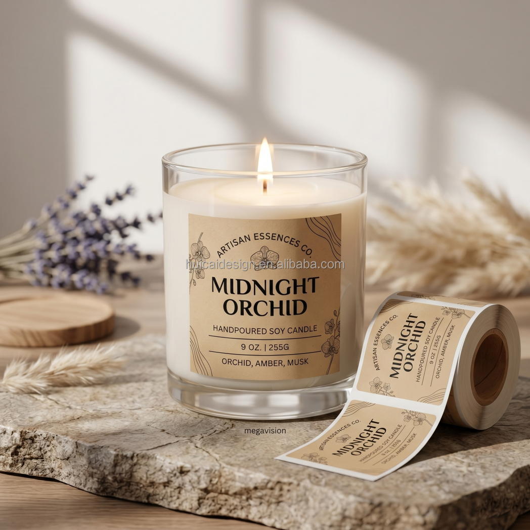 Custom Linen Textured Paper Candle Labels Stickers for Soy Candle Jars Kraft Waterproof Adhesive Vintage Labels