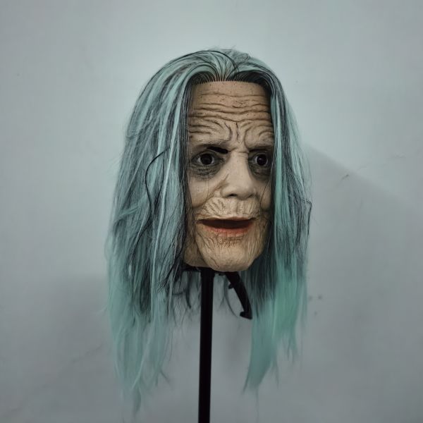 Scary Old Witch Mask with Long Pale Blue Hair, Wrinkled Latex Female Mask for Halloween Cosplay & Haunted House