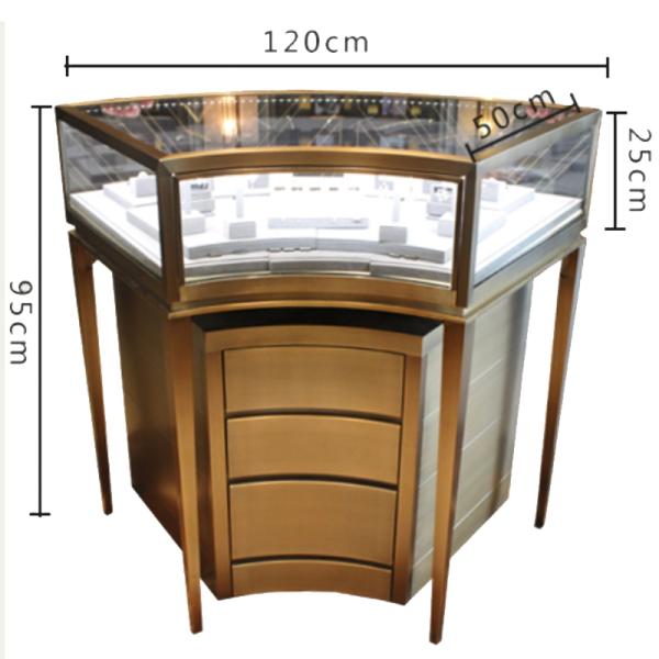 Bronze Stainless Steel Jewelry Store Showcases Arc Shape With Bottom Cabinet