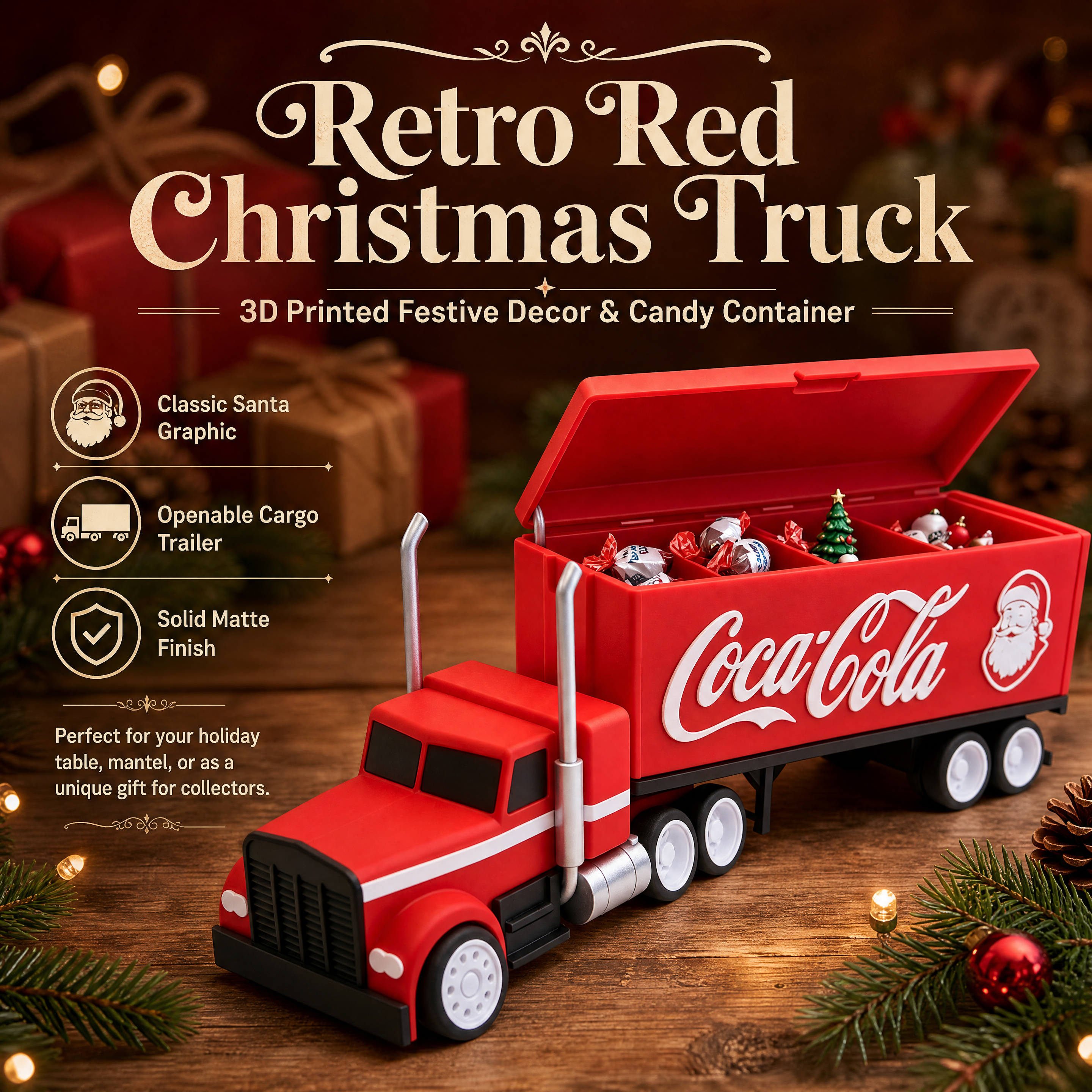Classic Santa 3D Printed Holiday Decoration Semi Truck Figurine Candy Storage Ornament
