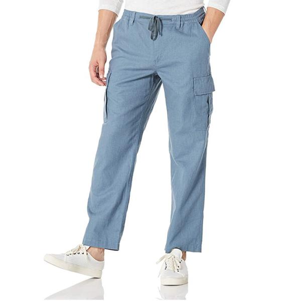 Washable Drawstring Closure Pants 44% Linen 56% Cotton Cropped Cargo Trousers Mens