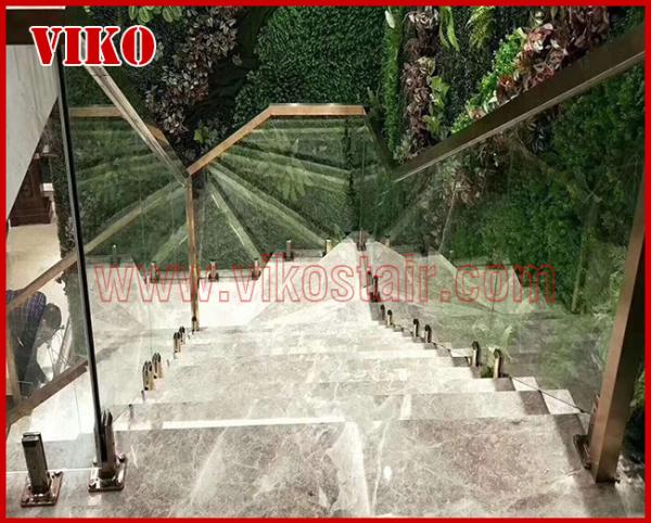 Double Steel Stringer staircaseVK24S,Tread Marble Stainless Steel,Power Coated,Wooden Box,304 Stainless Steel, 12mm Temp
