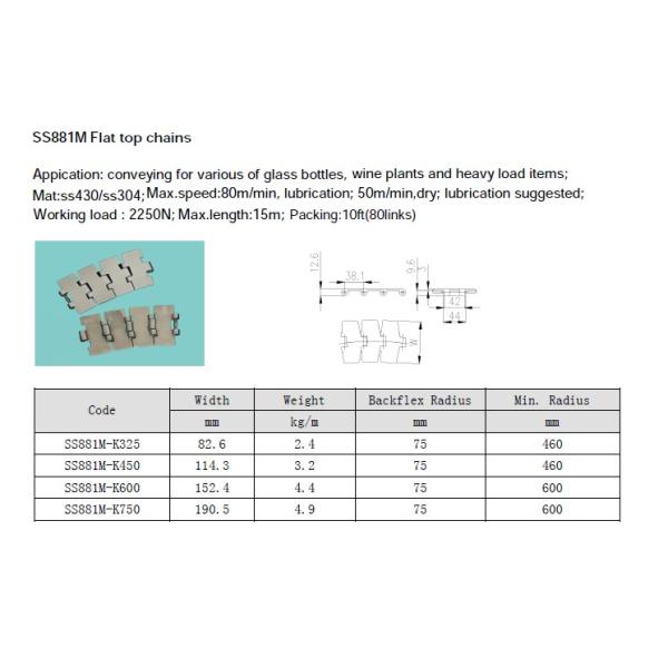 SS881M STAINLESS STEEL FLAT TOP CHAINS MEGNATIC CONVEYOR CHAINS