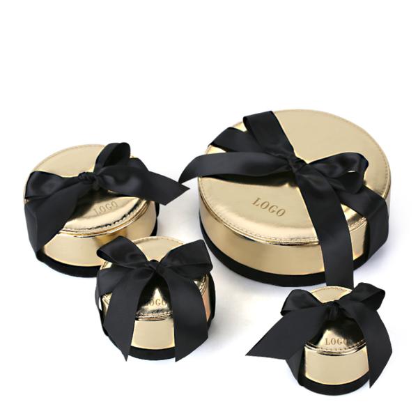 Round Champagne Gold Fancy Jewelry Box With Ribbon PU Leather Chipboard