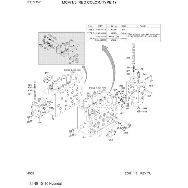 Hyundai R210LC-7 31N6-10110 R210-7 KAWASAK KMX15NA 31N610110 MCV Профессиональный гидравлический клапан управления