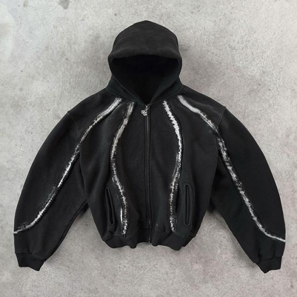 Hoodie à rayures personnalisées 100% coton, fermeture à glissière, poids lourd, boîtier ajusté