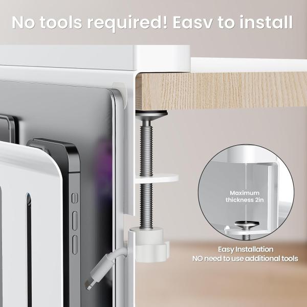 Almacenamiento en el lado del escritorio sin perforación Montaje vertical de computadora portátil con bandeja de cable y organizador colgante