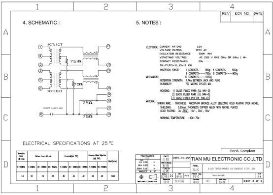 Tab Down Rj45 Connector With Led Side Entry Gold 6u'' Plating Contact Mating