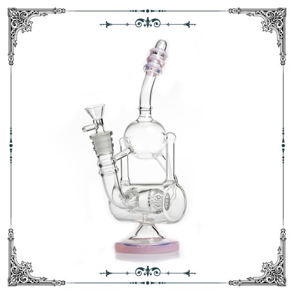 10.5 Inches Pink Glass Recycler With Double Honeycomb Percs Bongs