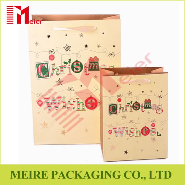 Brown kraft Christmas printing Foldable premium paper bag with ribbon handle