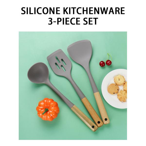 Silicone Kitchen Three-piece Set Heat Resistant Shovel Non-stick Spoon Wooden Handle