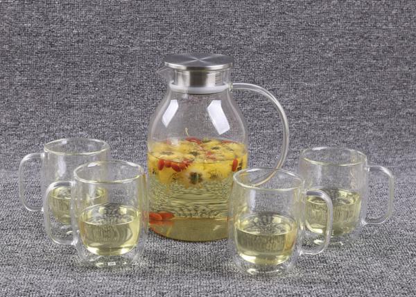 62 Oz Glass Tea Infuser Set Stainless Steel Cover With 4 Double Walled Cups
