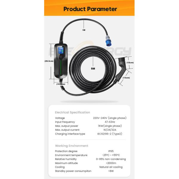 Electric Vehicle Car Charger EV Type 2 7KW Current 32A Portable CEE Plug 220V