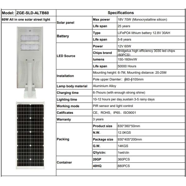 3000K-6500K Solar Street High Brightness Light , LED Solar Street Light 60W