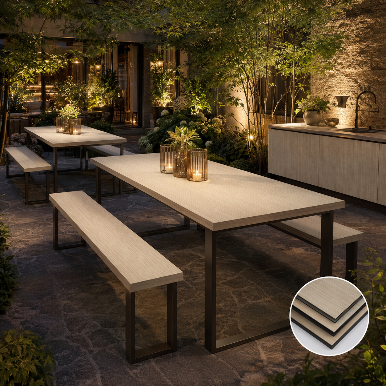 HPL Compact Laminate Outdoor Dining Table Set  Weatherproof Anti-Scratch Commercial Patio Table & Chair