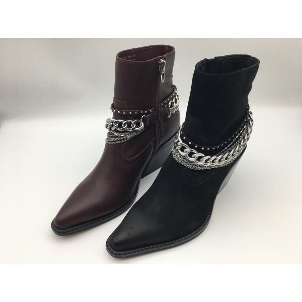 Black soft nappa leather Womens Dress low Boots with YKK zipper,d-ring metal design,Square solid wood heel