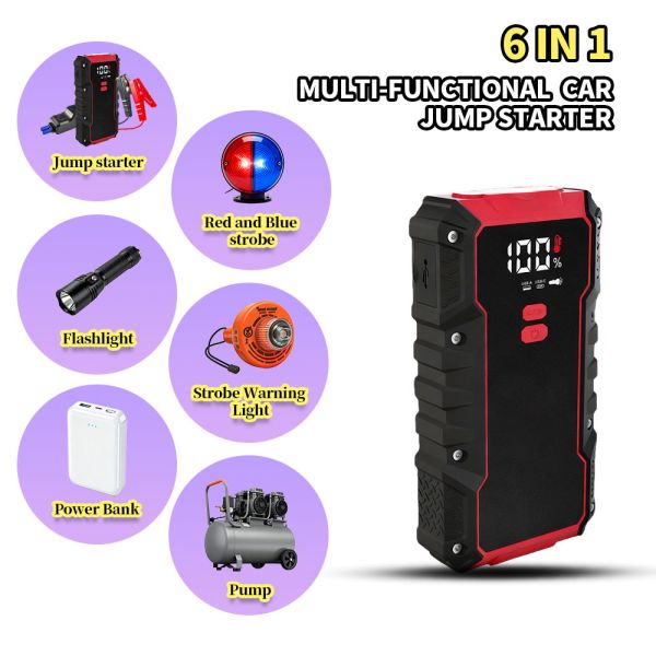 16000mAh 6-in-1 Portable Car Jump Starter with Air Compressor, 150PSI Tire Inflator, Power Bank and LED Flashlight for 12V Vehicles