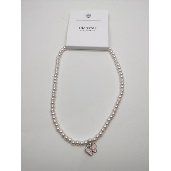 Unisex Silver Pure and Fresh Pearl Necklace with Butterfly Pendant