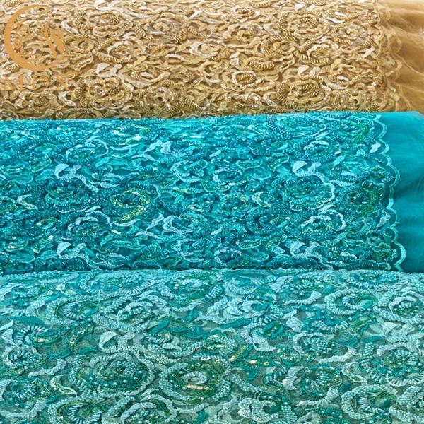 Золото Тюль вышило вышитой бисером тяжелой Handmade ткани шнурка для платьев