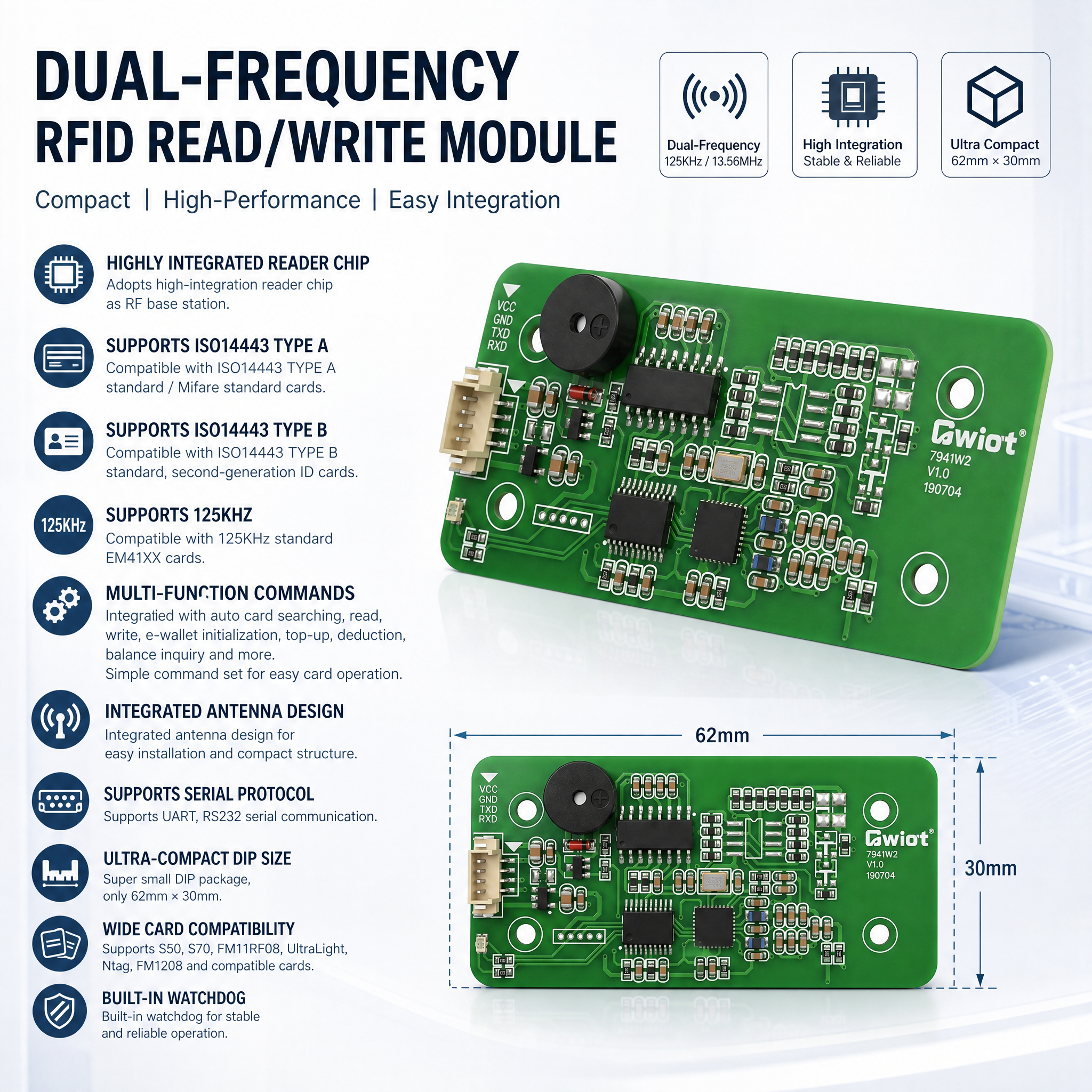 JP-7941W2 RFID Card Reader Module, 3.3‑5.5V Power Supply, Max 5cm Reading Distance