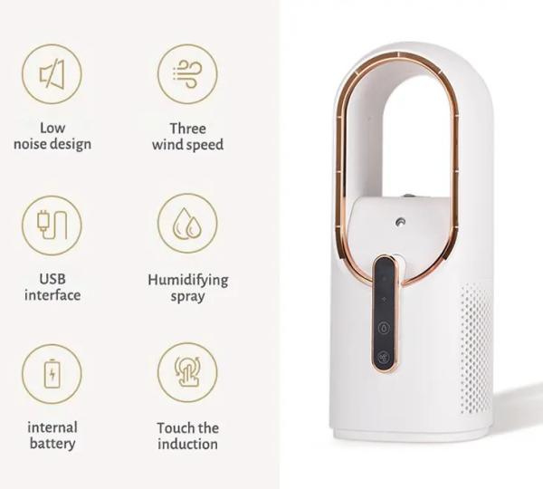 Wholesale Leafless Electric Mist Fan 2200mAh Large Battery Well Design Cold Mist Humidifier Portable Safety Mist Fan Humidifier