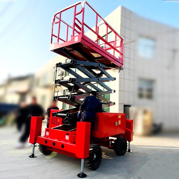 New 12m Rough Terrain Hydraulic off Road Scissor Lift Work Platform With Outriggers Outside Lift