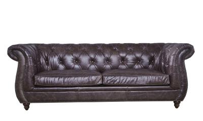 Vintage Dark Brown Leather Three Seater Sofa Fine Upholstering Buttons Strong Frame