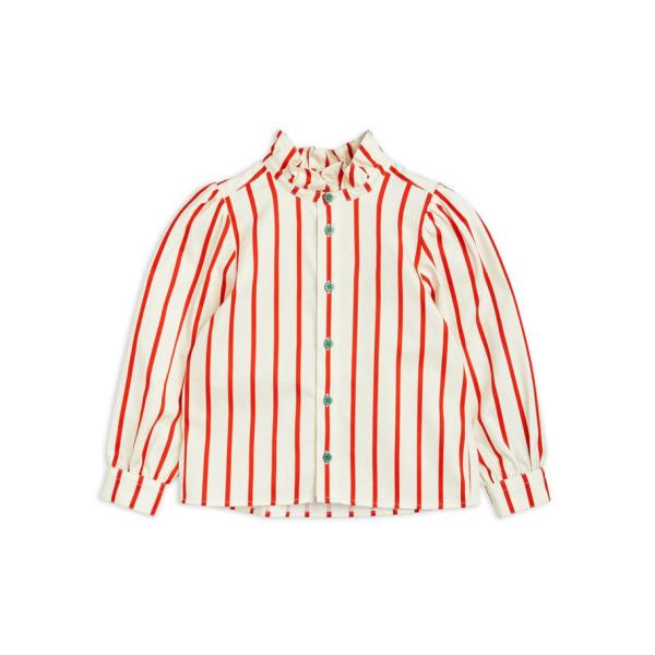 Christmas Girls Cotton Striped Woven Ruffle Neck Blouse with Contrast Button