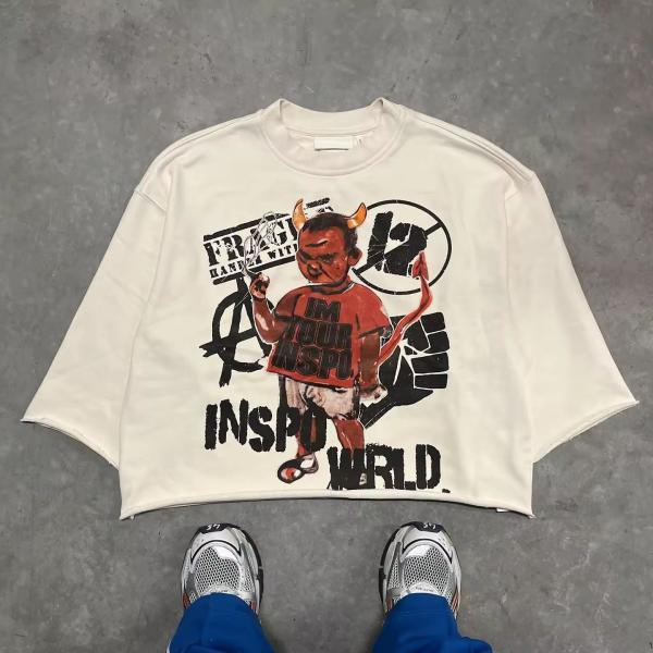 T-shirt masculino cortado colorido 100% algodão peso pesado gráfico 3/4 manga